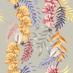 Tropical vintage exotic palm leaves floral, orchid flower seamless pattern grey background. Botanical jungle wallpaper.