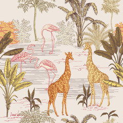 Safari ink drawn palm trees,  giraffe animal, pink flamingo summer floral seamless pattern.African wallpaper. - obrazy, fototapety, plakaty