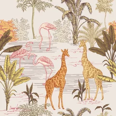 Tapeten Safari ink drawn palm trees,  giraffe animal, pink flamingo summer floral seamless pattern.African wallpaper. © good_mood