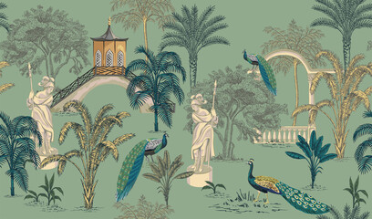 Tropical park ink drawn palm trees,  pagoda,  peacock, arch summer floral seamless pattern.Exotic jungle wallpaper.