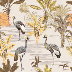 Safari ink drawn palm trees,  crane bird summer floral seamless pattern.African wallpaper.