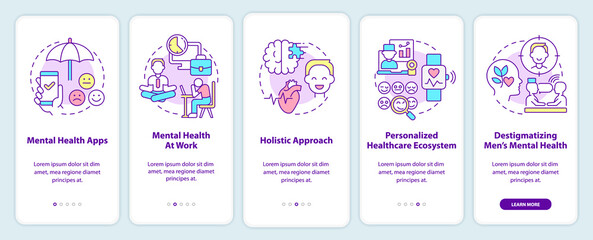 Mental health improving trends onboarding mobile app screen. Therapy walkthrough 5 steps graphic instructions pages with linear concepts. UI, UX, GUI template. Myriad Pro-Bold, Regular fonts used