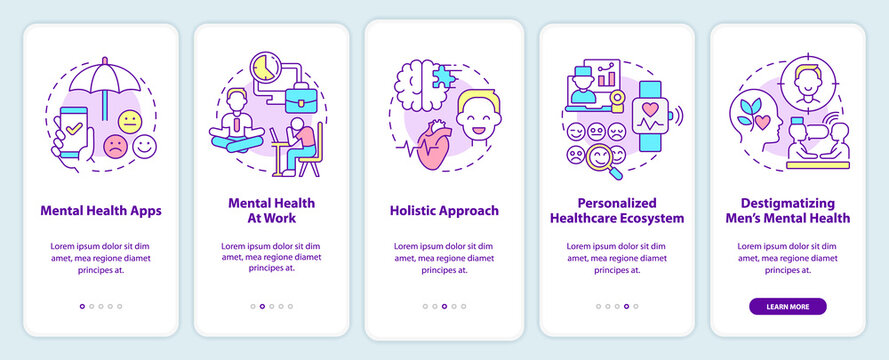 Mental health improving trends onboarding mobile app screen. Therapy walkthrough 5 steps graphic instructions pages with linear concepts. UI, UX, GUI template. Myriad Pro-Bold, Regular fonts used