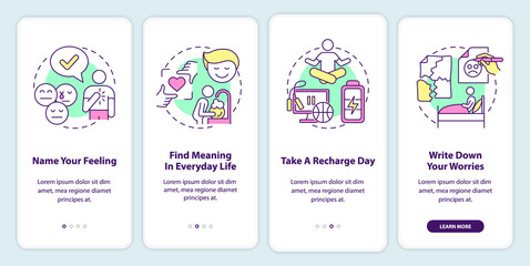 Improving mental health onboarding mobile app screen. Psychotherapy walkthrough 4 steps graphic instructions pages with linear concepts. UI, UX, GUI template. Myriad Pro-Bold, Regular fonts used