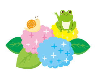 かわいいカエルとカタツムリ　紫陽花