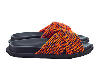 Beautiful pair of high-quality sandals with a bright orange brained top and a black leather sole,...