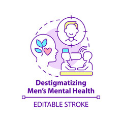 Destigmatizing men mental health concept icon. Patient help. Psychology trend abstract idea thin line illustration. Isolated outline drawing. Editable stroke. Arial, Myriad Pro-Bold fonts used