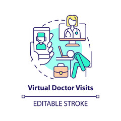 Virtual doctor visits concept icon. Remote consulting. Mental health trend at work abstract idea thin line illustration. Isolated outline drawing. Editable stroke. Arial, Myriad Pro-Bold fonts used