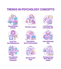 Trends in psychology concept icons set. Innovations in mental health improving idea thin line color illustrations. Isolated symbols. Editable stroke. Roboto-Medium, Myriad Pro-Bold fonts used