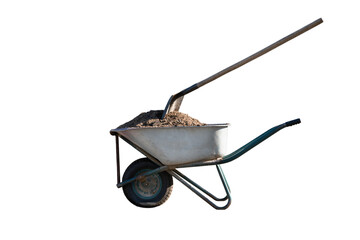 wheelbarrow with sand and shovel on white background