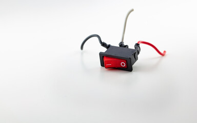 Power down or power OFF. Red switch with red black and white cable legs falling down.  Switch in "OFF" position. Neutral white background.