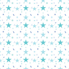 Fototapeta na wymiar Design of blue stars and floral motifs stars circles squares of various sizes seamless on a white background. Suitable for destroying fabrics textiles paper book covers and wallpaper. 