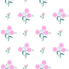 Obraz na płótnie Canvas Wonderful seamless romantic floral print with cute pink flowers and green leaves isolated on white background in vector. Delicate summer natural print for fabric.