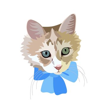 Beautiful detailed realistic color portrait of a fluffy ginger cat with green eyes in vector. A blue bow is tied around the neck. Cat head drawing isolated on white background.
