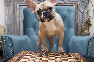 A bulldog breed dog plays checkers and stands on a game board and looks with surprise at the...