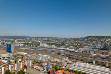 Aerial view of City of Zürich on a sunny spring day with blue cloudy sky background. Photo taken April 28th, 2022, Zurich, Switzerland.