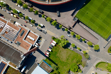 Aerial view of City of Zürich with chimney, slaughterhouse and football stadium on a sunny spring...
