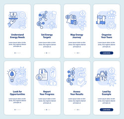 Naklejka premium Management of energy use blue light onboarding mobile app screen set. Walkthrough 4 steps graphic instructions pages with linear concepts. UI, UX, GUI template. Myriad Pro-Bold, Regular fonts used