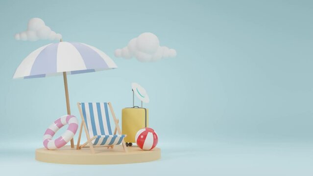 Concept of island vacation in summer. 3D cartoon beach objects.