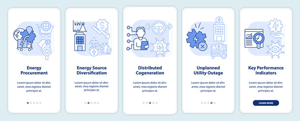 Fototapeta na wymiar Efficient energy management blue light onboarding mobile app screen. Walkthrough 5 steps graphic instructions pages with linear concepts. UI, UX, GUI template. Myriad Pro-Bold, Regular fonts used