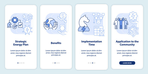 Fototapeta premium Building energy strategy blue light onboarding mobile app screen. Walkthrough 4 steps graphic instructions pages with linear concepts. UI, UX, GUI template. Myriad Pro-Bold, Regular fonts used