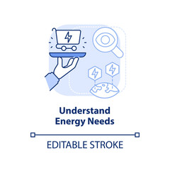 Understand energy needs blue light concept icon. Step to energy strategy abstract idea thin line illustration. Isolated outline drawing. Editable stroke. Arial, Myriad Pro-Bold fonts used