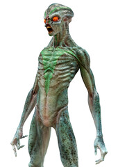3D Rendering Green Alien on White