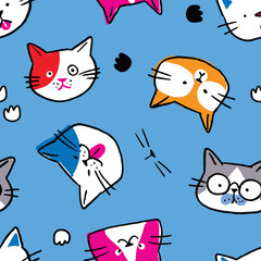 Seamless Pattern with Hand Drawn Cat Face Design on Blue Background