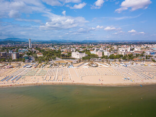 Aerial view of the beach of the Romagna Riviera with Riccione, Rimini and Cattolica - obrazy, fototapety, plakaty