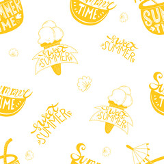 Seamless summer pattern. slice of watermelon and cocktail with inscription summer time and ice cream with sweet summer lettering on white background with seashells. Vector illustration for design deco