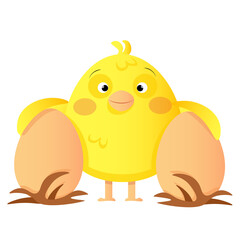 One cute yellow chick hugging two eggs