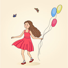 Cute little girl runs with a balloon. A child with fair skin has fun on a summer walk. Inspirational design for happy childhood, celebration, holidays.