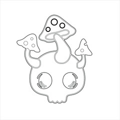 skull coloring page for kids , tattoo and t shirt design black and white skull and mushrooms , horror coloring page  