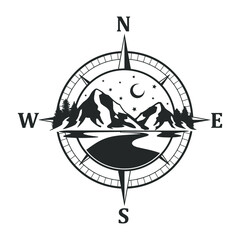 Compass Mountain Illustration Clip Art Design Shape. Night Landmark Silhouette Icon Vector. © josepperianes