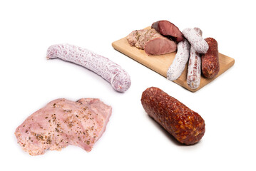 Various of meat, smoked meat, sausage, salami isolated on a white.