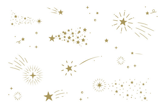 Gold  star design elements set, shooting star, comets, Vector vintage illustration.