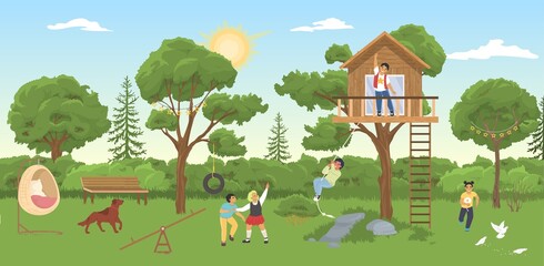 Fototapeta House on tree vector kids play on playground obraz