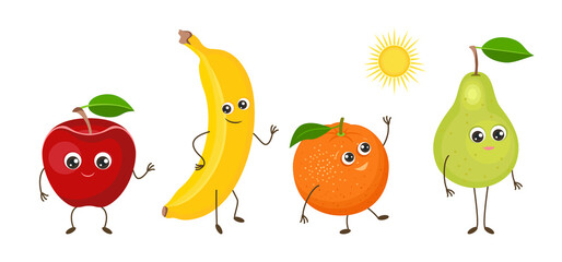 Cute fruits characters. Set of funny food vector illustration. Cartoon happy banana, apple, pear and orange citrus fruit.