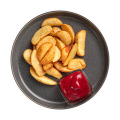 Isolated plate of baked potato wedges on white background