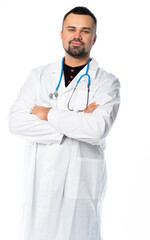 portrait of a male doctor in a white coat. isolated white background