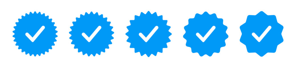 Badge check icon. Verify icon stamp. Blue flat star shape stickers. Verified badge profile set. Social media account verification icons . Isolated check mark. Guaranteed signs. Vector illustration.