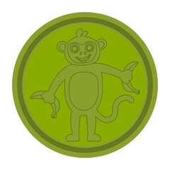 Young monkey smiling and standing holding bananas in green color round icon