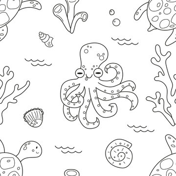 Hand drawn seamless pattern of sea world, octopus, shell, water turtle. Doodle sketch style. Marine life element drawn by hand. Vector illustration for wrapping, wallpaper, simple kids print