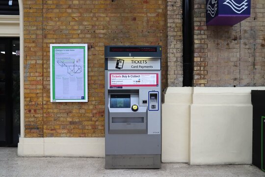 LONDON, UK - JULY 15, 2019: Train ticket machine at London Victoria Station. Victoria Station serves over 73 million travelers annually.