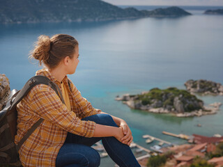Fototapeta premium Travel and tourist attractions at Kekova island, Turkey. Woman traveler explores ruins castle of Simena with view of sea bay and Kekova Island with famous flooded city. Tourist attractions in Turkey.