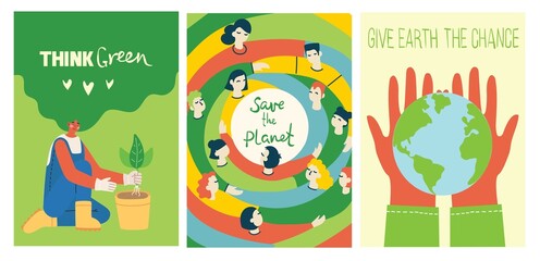 Vector eco illustration cards for social poster, banner or card of saving the planet, human hands protect our earth.