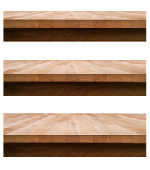 A collection of wood table top product displayes at various angles isolated against a white background.
