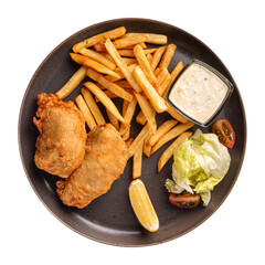 Isolated portion of fried fish and chips on white background