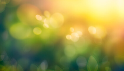 Fototapeta A summer sunset, sunrise background with lush green foliage and orange glow sky with blurred spring bokeh highlights. obraz