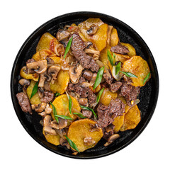 Isolated russian roast potato with meat on white background